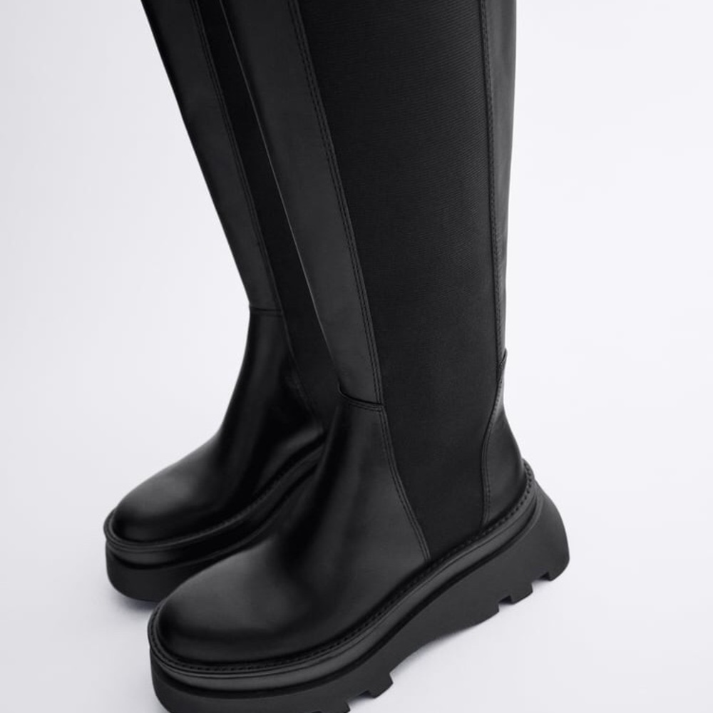 NWT Zara Lug Sole Leather Tall Boots - Picture 13 of 16